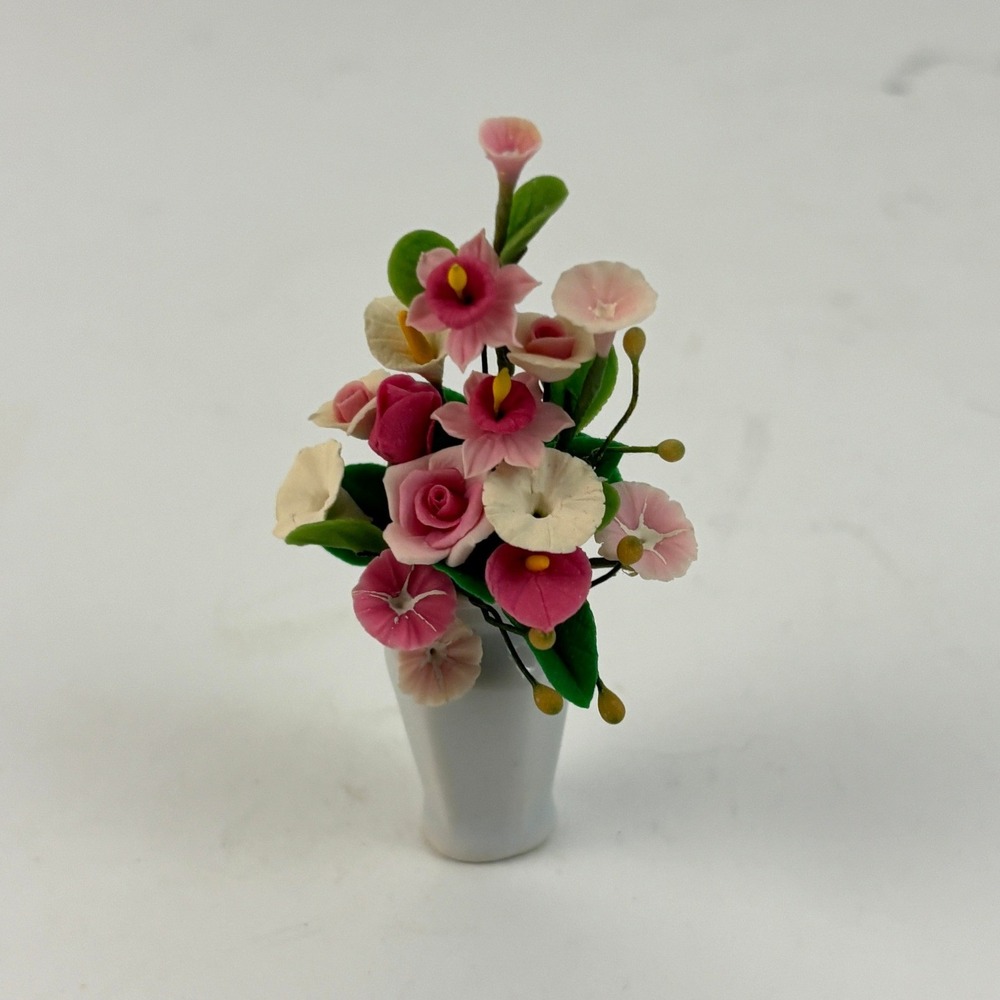 Miniature Pink White Floral Bouquet Vase Handmade Porcelain Clay Flowers 3"